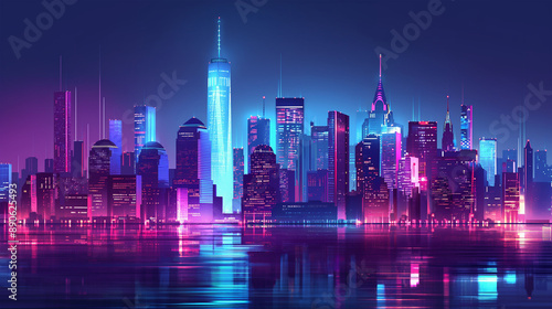 The new york skyline america night city, Illustration
