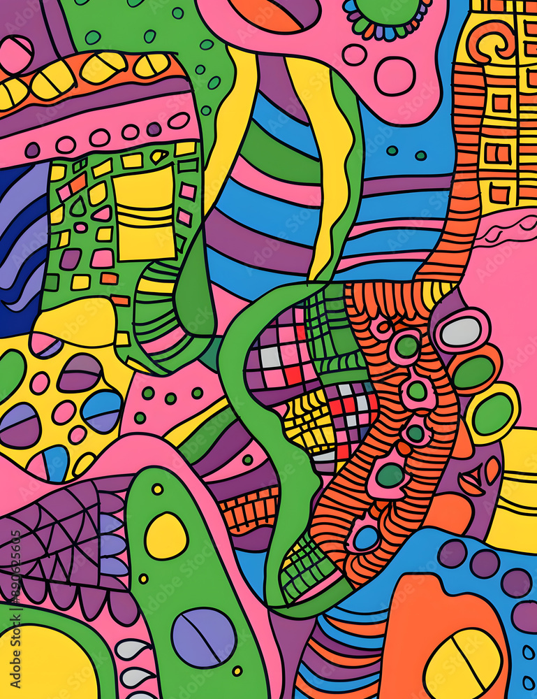 Obraz premium Colorful abstract geometric artwork with various shapes, lines, patterns in a dynamic, bold composition. Ideal for modern creative designs. Expressive, vibrant, and visually captivating