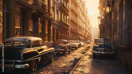 Vintage Sunset: City Street Lined with Old Cars