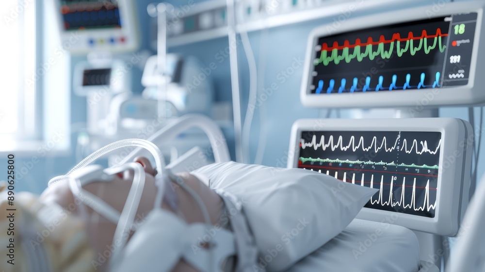 A futuristic patient monitoring system with real-time alerts and data analytics, in a modern ICU, high-resolution photo, realistic photo, cinematography, hyper realistic A futuristic patient monitoring system with real-time alerts and data analytics, in a modern ICU, high-resolution photo, realistic photo, cinematography, hyper realistic