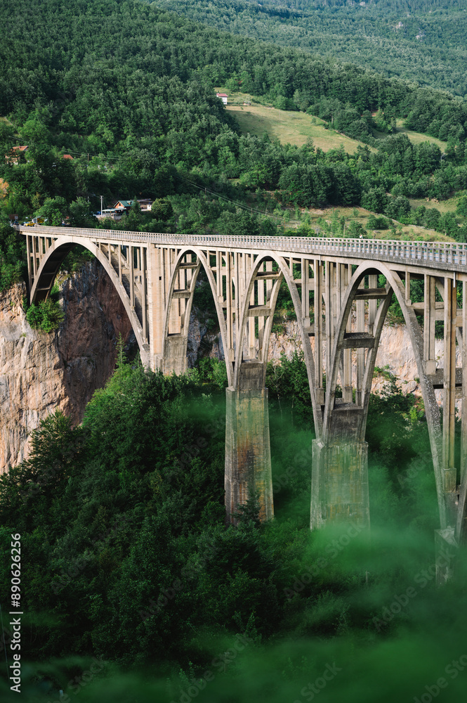 Tara Bridge and Canyon, Tepca, Durmitor National Park, Montenegro - golden bridge over forest and rocks Tara Bridge and Canyon, Tepca, Durmitor National Park, Montenegro - golden bridge over forest and rocks