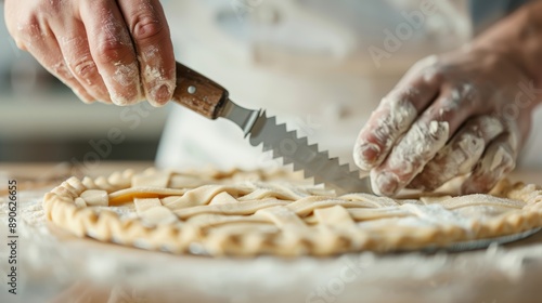 A pastry chef using a pastry cutter to create intricate designs on pie dough, in a brightly lit kitchen, high-resolution photo, realistic photo, cinematography, hyper realistic