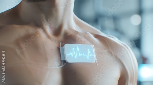 A wearable ECG patch transmitting data to a smartphone, on a patient's chest during a fitness session, high-resolution photo, realistic photo, cinematography, hyper realistic photo