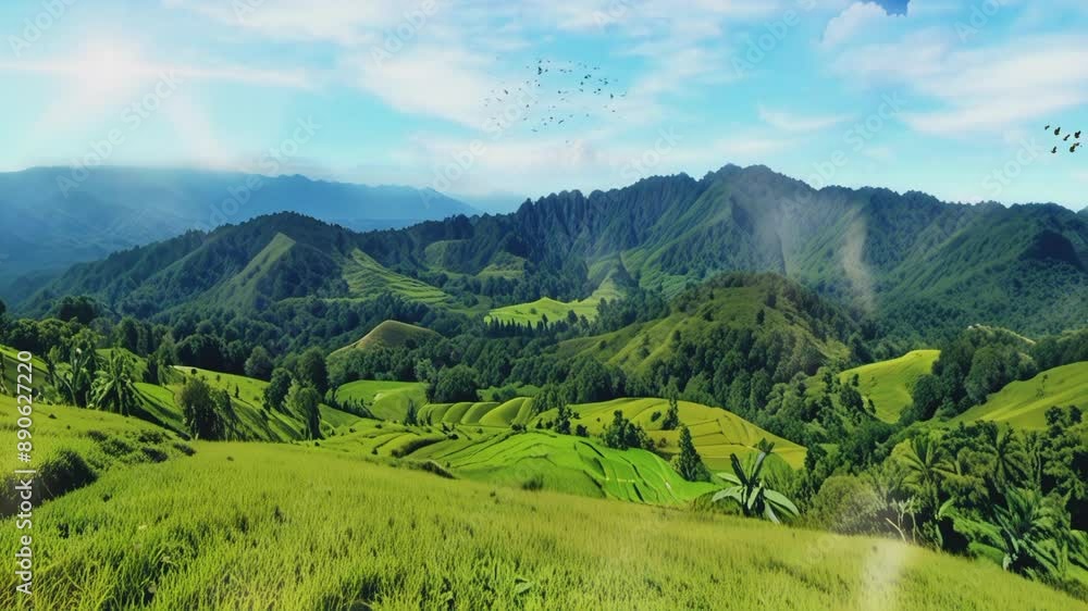 Views of hills and rice fields, 4K virtual video animation background that rotates smoothly Views of hills and rice fields, 4K virtual video animation background that rotates smoothly