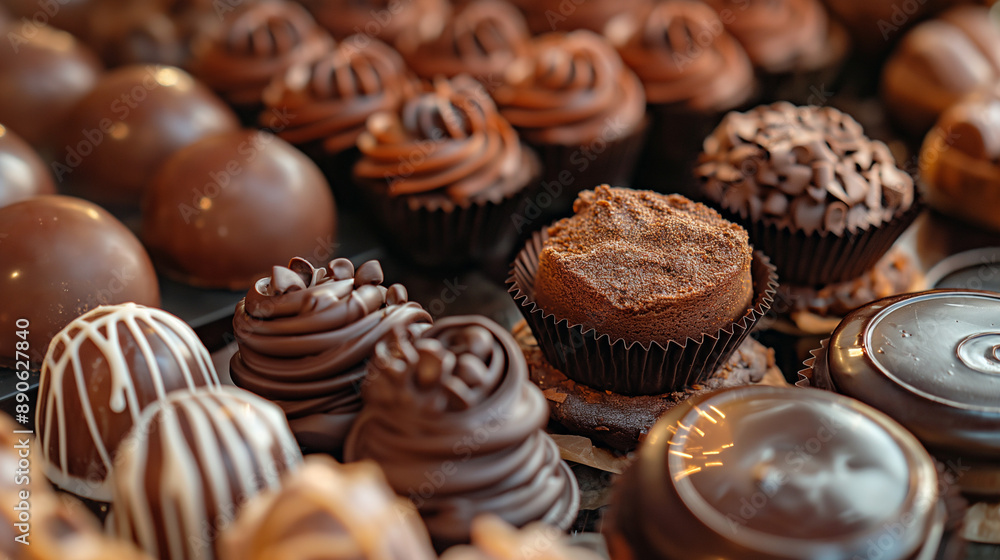 Chocolate pastry cakes and cookies in bakery. Sweet delicious dark cocoa cream food, tasty brown or black snack, yummy candy treat Chocolate pastry cakes and cookies in bakery. Sweet delicious dark cocoa cream food, tasty brown or black snack, yummy candy treat