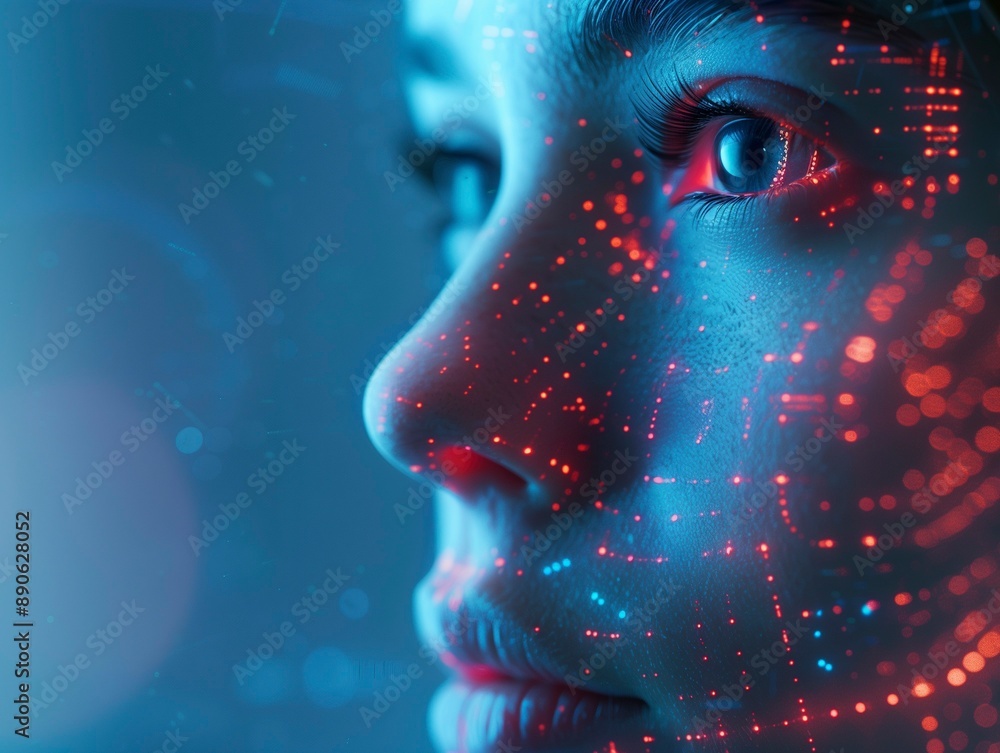 Woman in the era of artificial intelligence, side view. Circuits and programming. AI integrated with people. Ai generative Woman in the era of artificial intelligence, side view. Circuits and programming. AI integrated with people. Ai generative