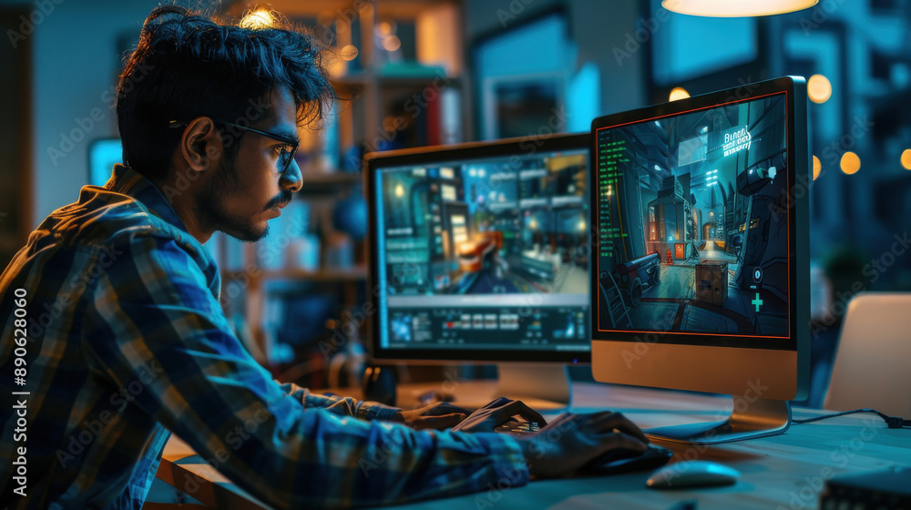 An Indian male game designer engrossed in creating 3D models for an adventure game on his desktop, working within a diverse and inclusive game development office. An Indian male game designer engrossed in creating 3D models for an adventure game on his desktop, working within a diverse and inclusive game development office.