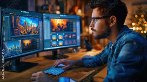 An Indian male game designer using a desktop computer with 3D modeling software to create characters and worlds for an immersive adventure video game in a diverse game development office.