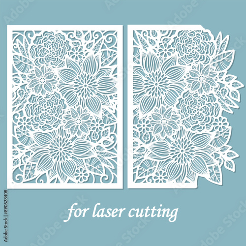Template for laser cutting with floral patterns. For cutting paper, wood, cardboard, metal. For the design of wedding envelopes, cards, invitations, interior decorations, decorative panels, etc. Vecto