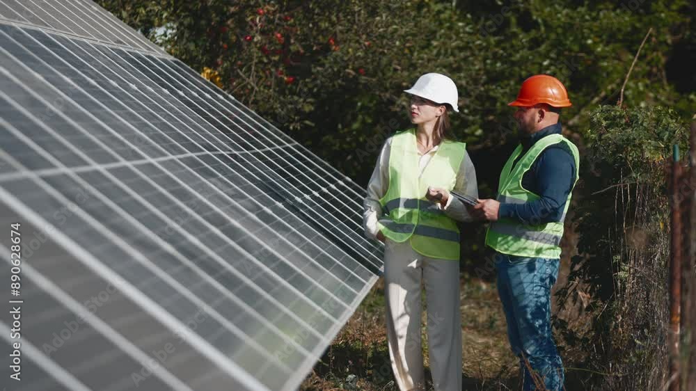 A man and a woman in hard hats discuss work tasks near solar panels on the street. Female environmental engineer talking to investor. Green electricity concept. A man and a woman in hard hats discuss work tasks near solar panels on the street. Female environmental engineer talking to investor. Green electricity concept.