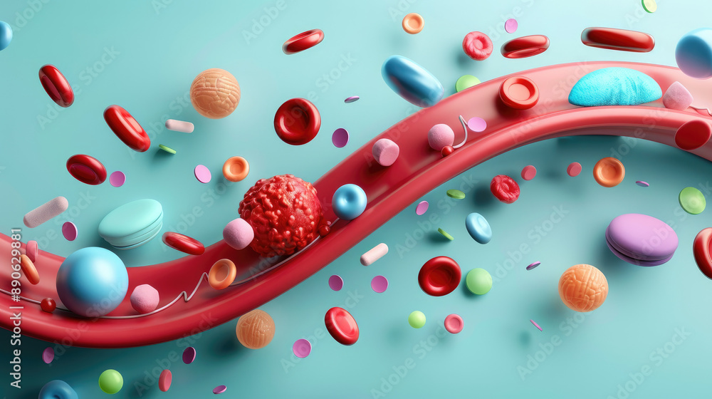 Explore a flat design illustration depicting red blood cells navigating through a clogged artery, highlighting impaired blood flow and cardiovascular health. Explore a flat design illustration depicting red blood cells navigating through a clogged artery, highlighting impaired blood flow and cardiovascular health.