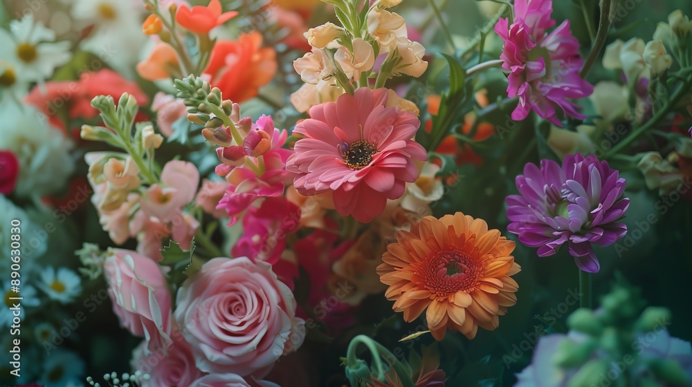 A stunning collection of vibrant flowers in full bloom, including pink gerbera daisies, roses, and other colorful blossoms, showcasing the beauty of nature's palette. A stunning collection of vibrant flowers in full bloom, including pink gerbera daisies, roses, and other colorful blossoms, showcasing the beauty of nature's palette.