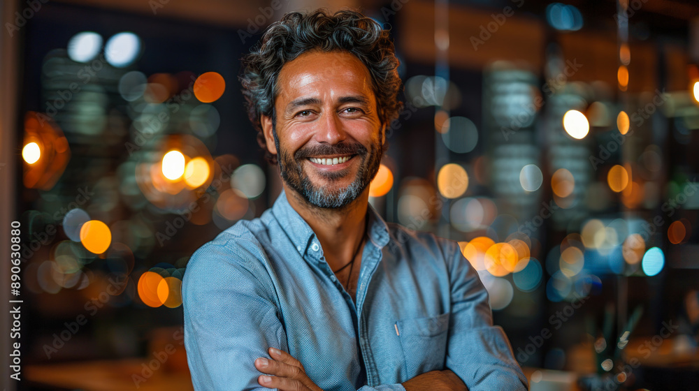 Confident Businessman Smiling With City Lights In The Background Confident Businessman Smiling With City Lights In The Background