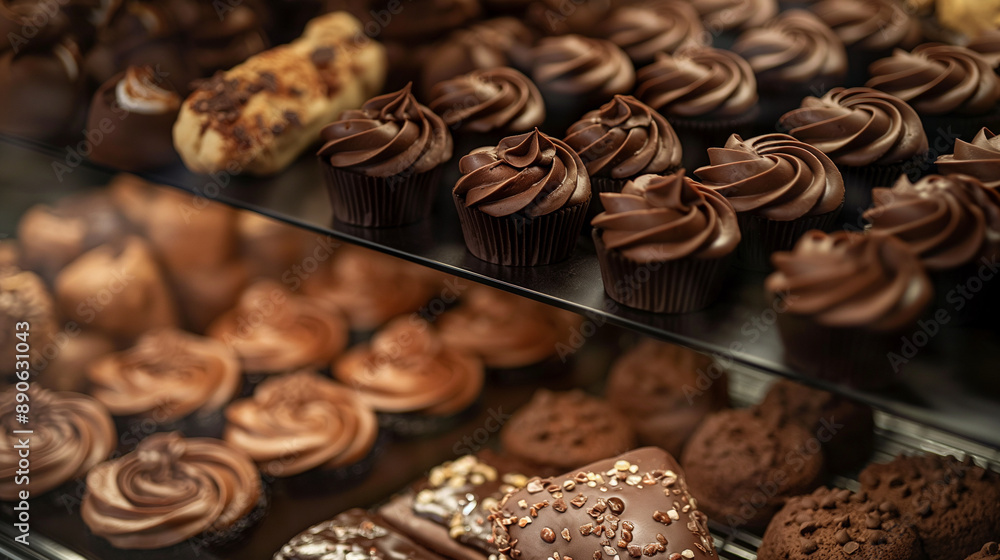 Chocolate pastry cakes and cookies in bakery. Sweet delicious dark cocoa cream food, tasty brown or black snack, yummy candy treat Chocolate pastry cakes and cookies in bakery. Sweet delicious dark cocoa cream food, tasty brown or black snack, yummy candy treat