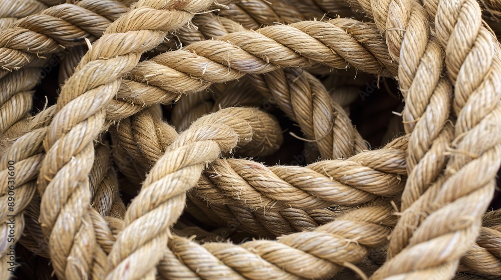 A high-resolution photograph showcasing a close-up of thick, twisted ropes made of natural fibers, intricately coiled and representing strength and durability. A high-resolution photograph showcasing a close-up of thick, twisted ropes made of natural fibers, intricately coiled and representing strength and durability.