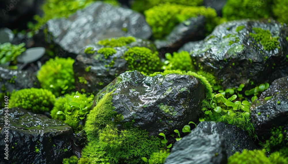 Bright Green Moss Covering Rough Stones and Forest Floor Bright Green Moss Covering Rough Stones and Forest Floor