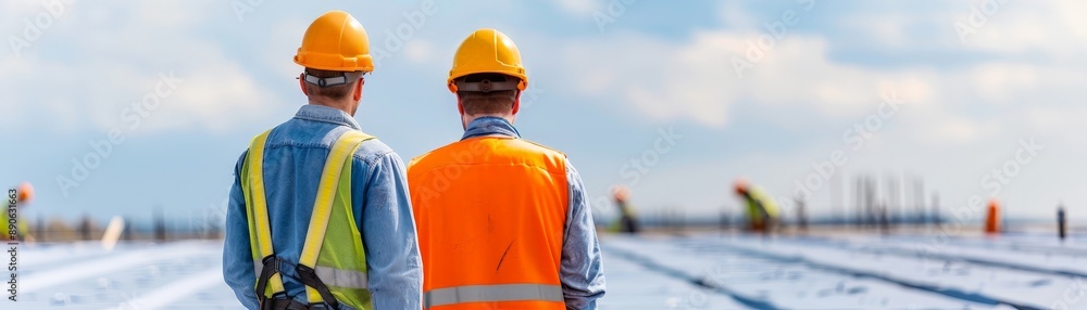 Efficient Construction Crew Installing Roofing on New Build with Copyspace, Deep Depth of Field Efficient Construction Crew Installing Roofing on New Build with Copyspace, Deep Depth of Field