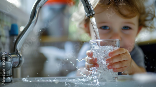 Child on a white background pouring water into a glass from a tap, looking at the camera, blurred background, child holding the glass in focus