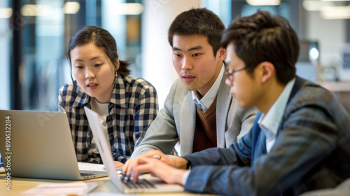 Asian managers collaborating on banking research and development projects in a progressive corporate environment