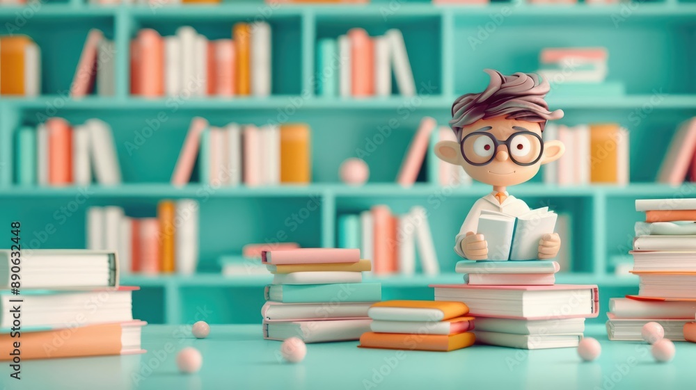 A 3D clay librarian in a cozy library, holding a stack of books, with shelves full of colorful books in the background, peaceful and intellectual, 3D rendering, warm tones A 3D clay librarian in a cozy library, holding a stack of books, with shelves full of colorful books in the background, peaceful and intellectual, 3D rendering, warm tones