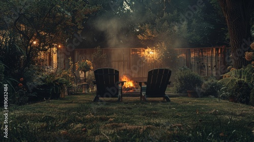 Cozy Backyard Fire Pit with Adirondack Chairs at Night in a Serene Garden Setting. Generative ai photo