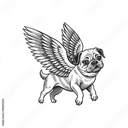 flying pug dog engraving hand drawn illustration isolated white background