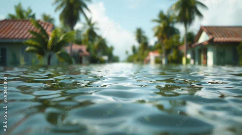 Flooded street with palm trees and houses in the background. High water level reflecting the sky and clouds. Tropical flood aftermath. Flooded street with palm trees and houses in the background. High water level reflecting the sky and clouds. Tropical flood aftermath.