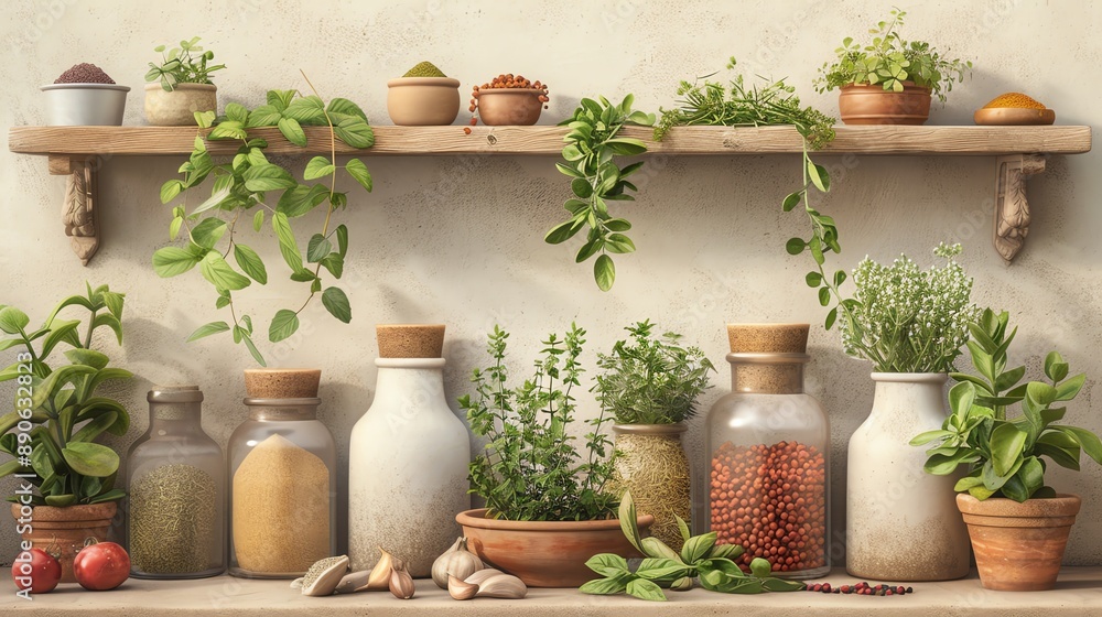 Rustic kitchen shelf with jars, plants, and herbs, creating a cozy and inviting atmosphere for culinary inspiration and natural living. Rustic kitchen shelf with jars, plants, and herbs, creating a cozy and inviting atmosphere for culinary inspiration and natural living.