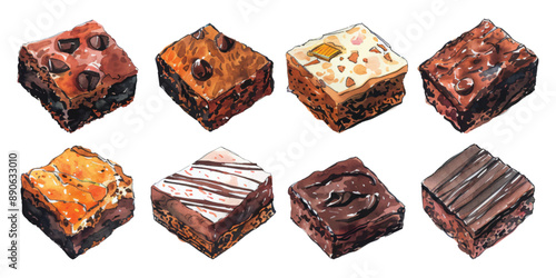 Set collection of dessert chocolate fudge brownie cake pieces hand drawn watercolor design resources elements