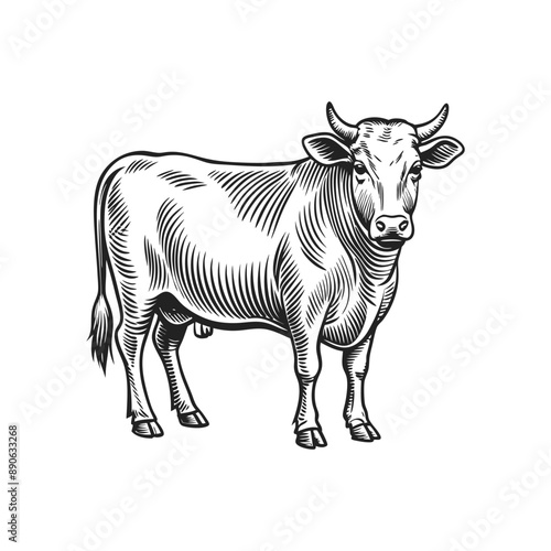 cow engraving hand drawn illustration isolated white background