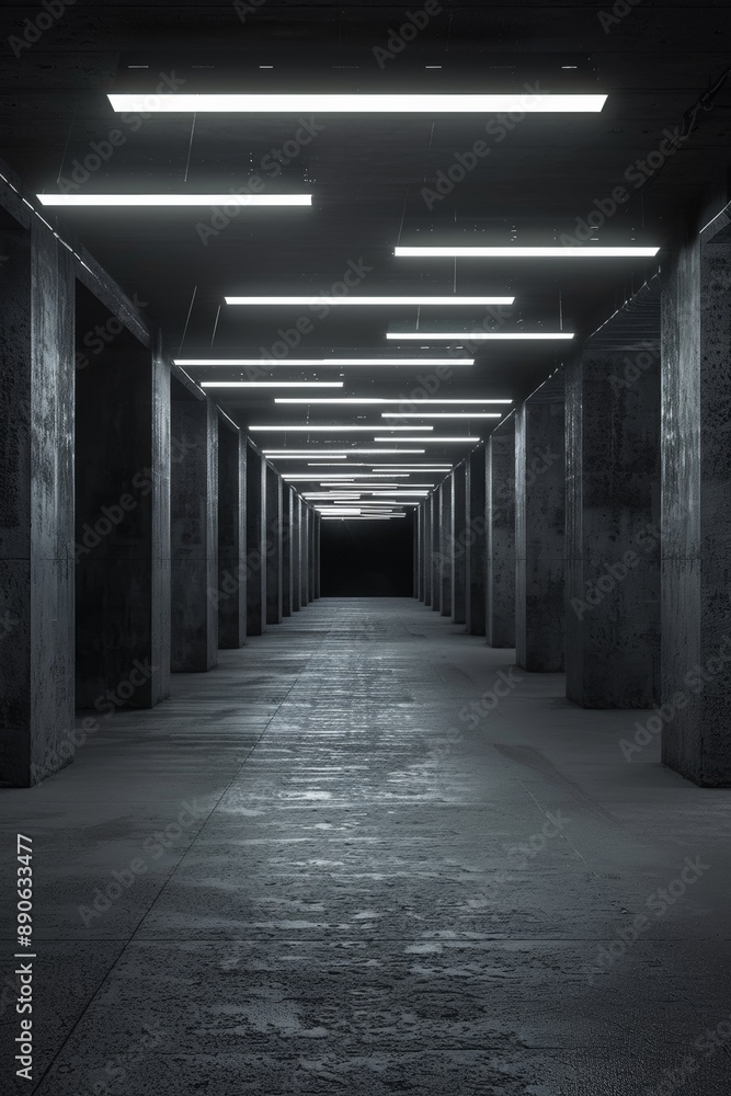 Ultra sharp photo of a dark underground tunnel corridor with white LED lights illuminating concrete Ultra sharp photo of a dark underground tunnel corridor with white LED lights illuminating concrete