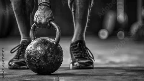 A high-detail black and white photo captures an athlete gripping a kettlebell on a gym floor, symbolizing strength, determination, and the raw power of commitment to physical fitness.