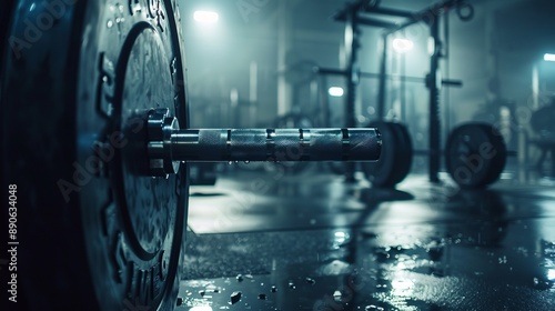 Close-up image of a barbell dumbbell with a weight plate, showcasing water droplets and a dimly lit gym environment, signifying intensity and focus in workouts.
