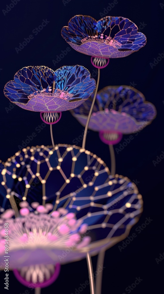 Neon holographic flowers glowing brightly against a dark urban garden, blending natural and technological elements, Urban, Digital Art, High Detail Neon holographic flowers glowing brightly against a dark urban garden, blending natural and technological elements, Urban, Digital Art, High Detail