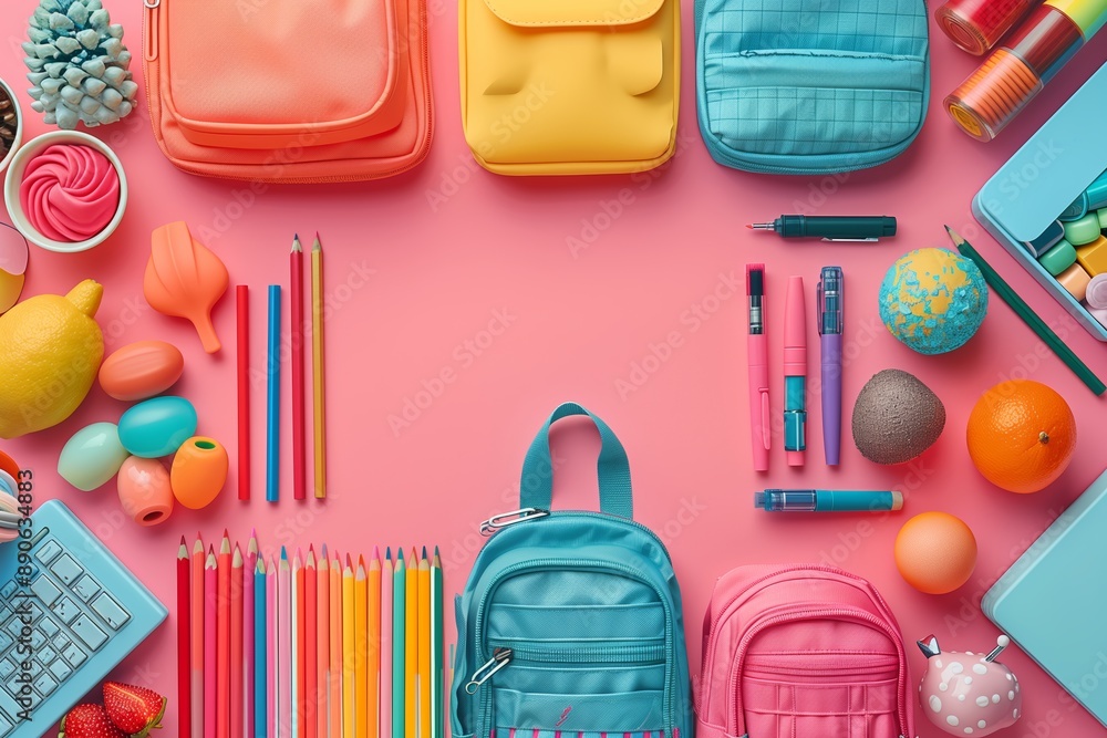 Colorful School Supplies And Backpacks On A Pink Background Colorful School Supplies And Backpacks On A Pink Background