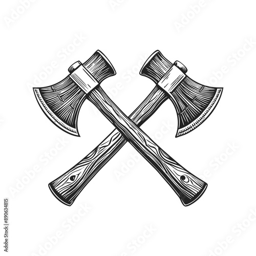 crossed axe engraving hand drawn illustration isolated white background