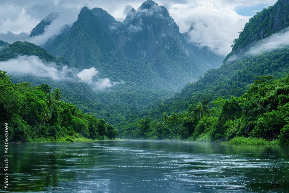 A beautiful mountain range with a river running through it A beautiful mountain range with a river running through it