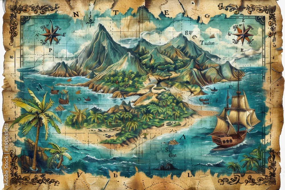 A map of a tropical island with a ship and a compass A map of a tropical island with a ship and a compass
