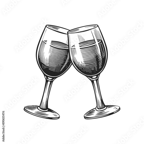 crossed wine glass engraving hand drawn illustration isolated white background