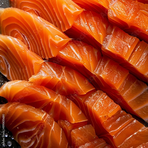 This image presents vividly colored and neatly organized cuts of fresh salmon. It highlights the appetizing and fresh appeal of the seafood. photo