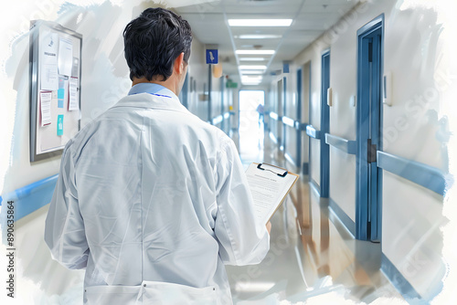 Backview of a doctor in a white coat, looking at patient charts in a hospital hallway, focusing on patients and providing good care