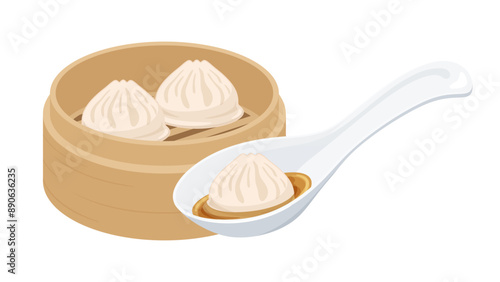 せいろに入った小籠包をレンゲで食べるイラスト