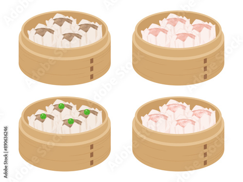 せいろに入った焼売のイラスト素材セット