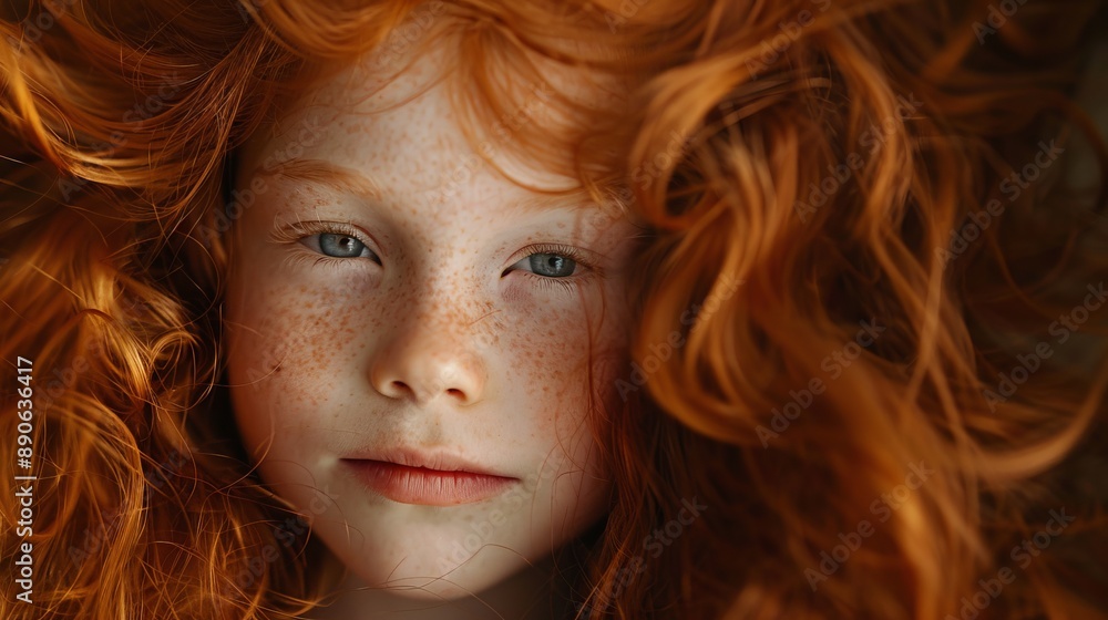 A serene close-up shot of a young girl with vivid red hair and a gentle expression, her fine freckles and light blue eyes adding depth to the portrait, creating a tranquil image. A serene close-up shot of a young girl with vivid red hair and a gentle expression, her fine freckles and light blue eyes adding depth to the portrait, creating a tranquil image.