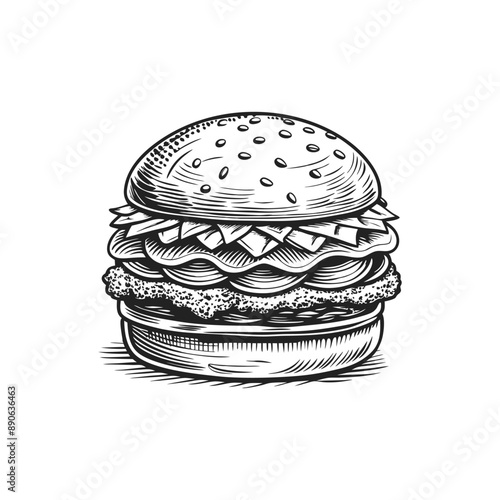 burger engraving hand drawn illustration isolated white background