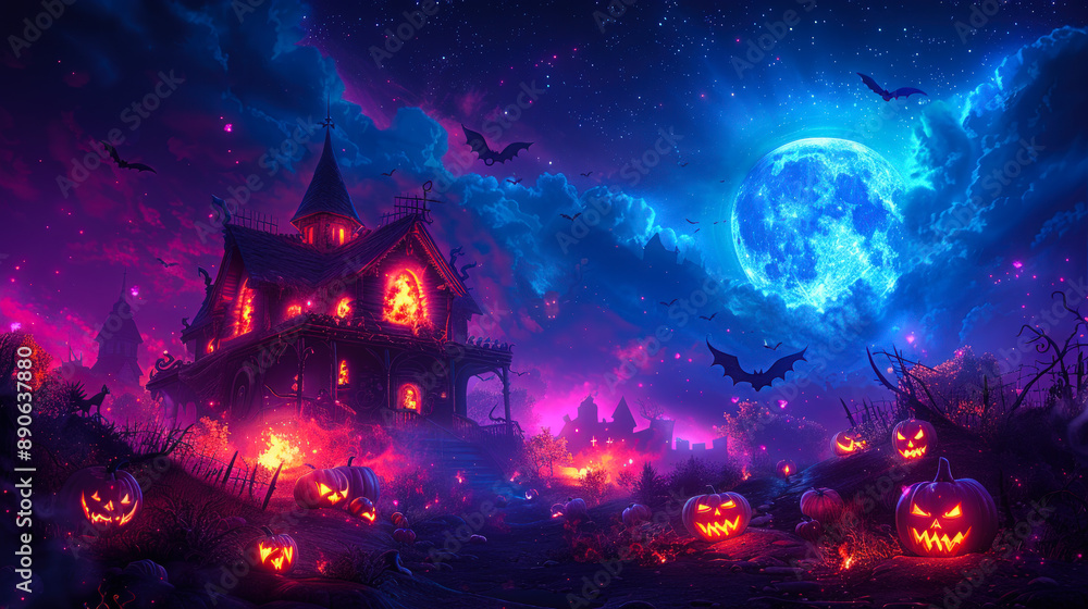 Mysterious Halloween Haunted House With Glowing Jack-O'-Lanterns Mysterious Halloween Haunted House With Glowing Jack-O'-Lanterns