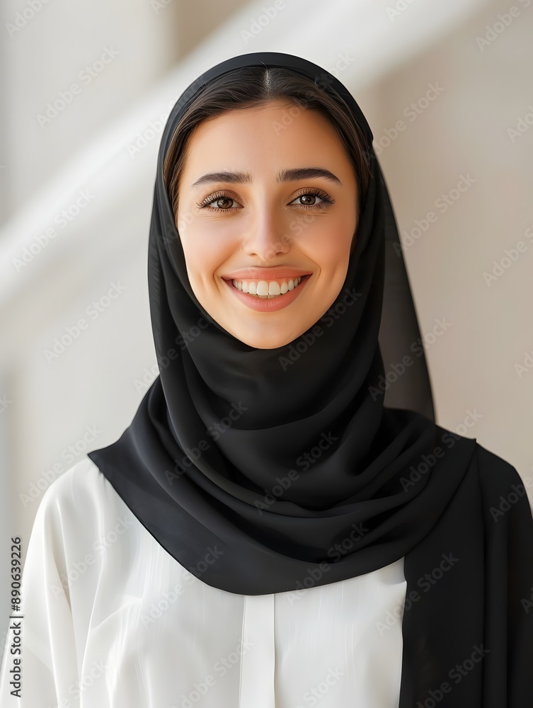 Beautiful Smiling Young Muslim Woman Wearing Hijab Headscarf in Bright Studio Beautiful Smiling Young Muslim Woman Wearing Hijab Headscarf in Bright Studio