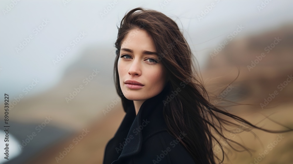 Thoughtful Young Woman Standing on Cliff with Windy Hair in Mountain Landscape Thoughtful Young Woman Standing on Cliff with Windy Hair in Mountain Landscape