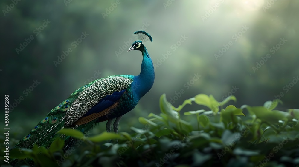Majestic Peacock Displaying Vibrant Feathers in Lush Green Foliage Majestic Peacock Displaying Vibrant Feathers in Lush Green Foliage
