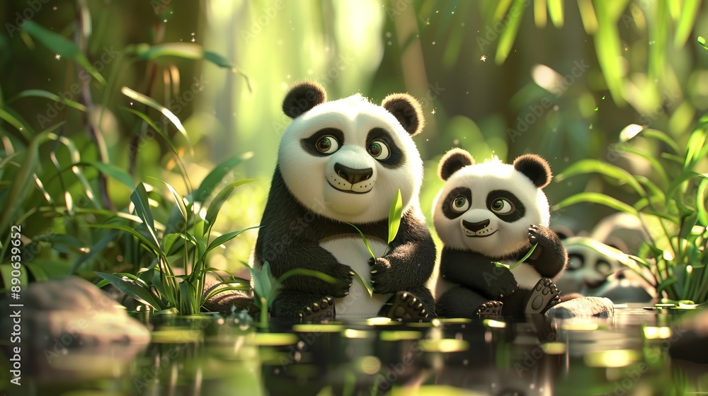 A parent and baby panda are seen together in a serene forest pond, depicting a beautiful bond and moment of tenderness between a mother and her young in nature’s embrace. A parent and baby panda are seen together in a serene forest pond, depicting a beautiful bond and moment of tenderness between a mother and her young in nature’s embrace.